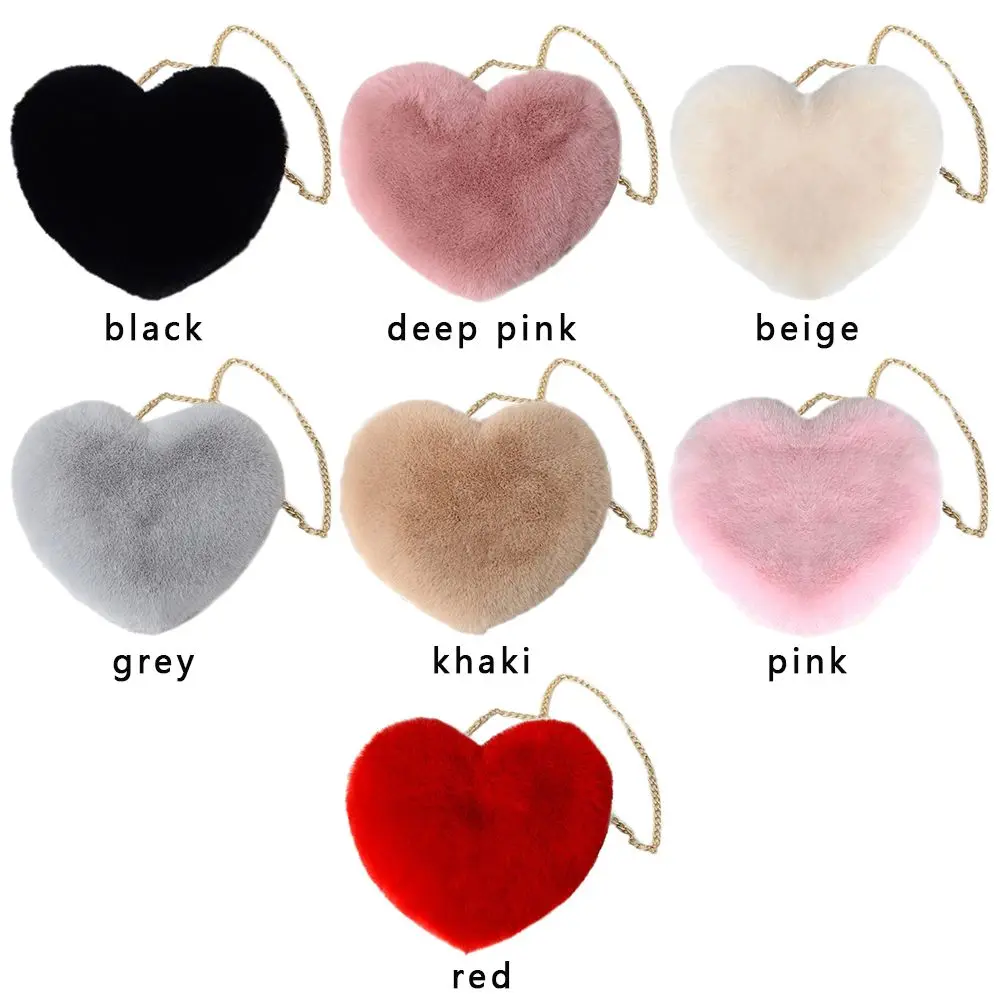 Fashion Women's Fluffy Mini Shoulder Chain Bag Heart Shaped Soft Faux Fur Crossbody Handbag Messenger Bag