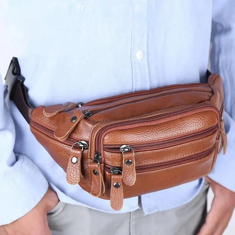 PU Leather Zipper Waist Purse Pack Men's Waist Bag Fashion Waterproof Large Capacity Travel Phone Bag