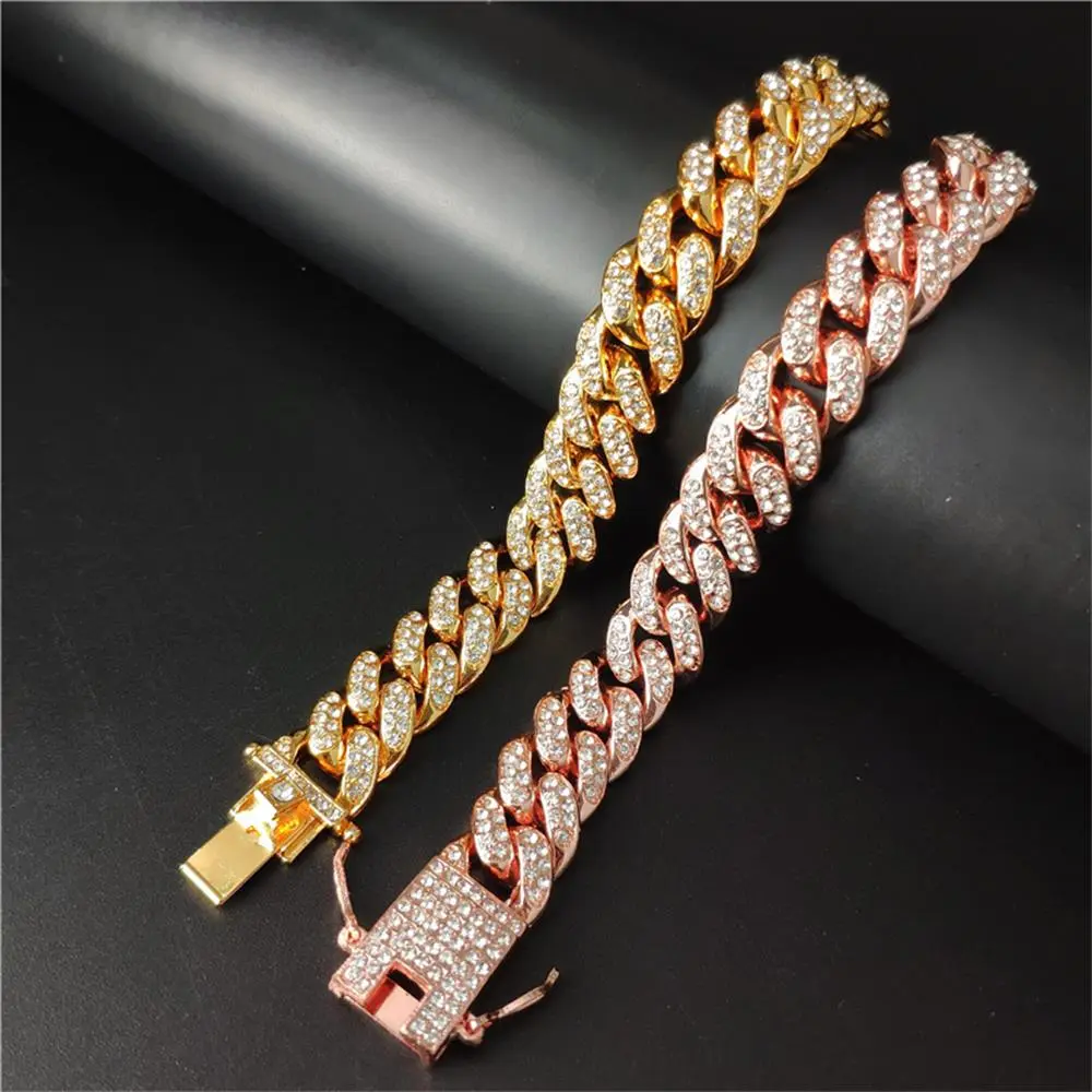 Fashion Jewelry Rhinestone Bracelet Hiphop Luxury Bracelets For Men 12mm Link Gold Silver Color Bracelet
