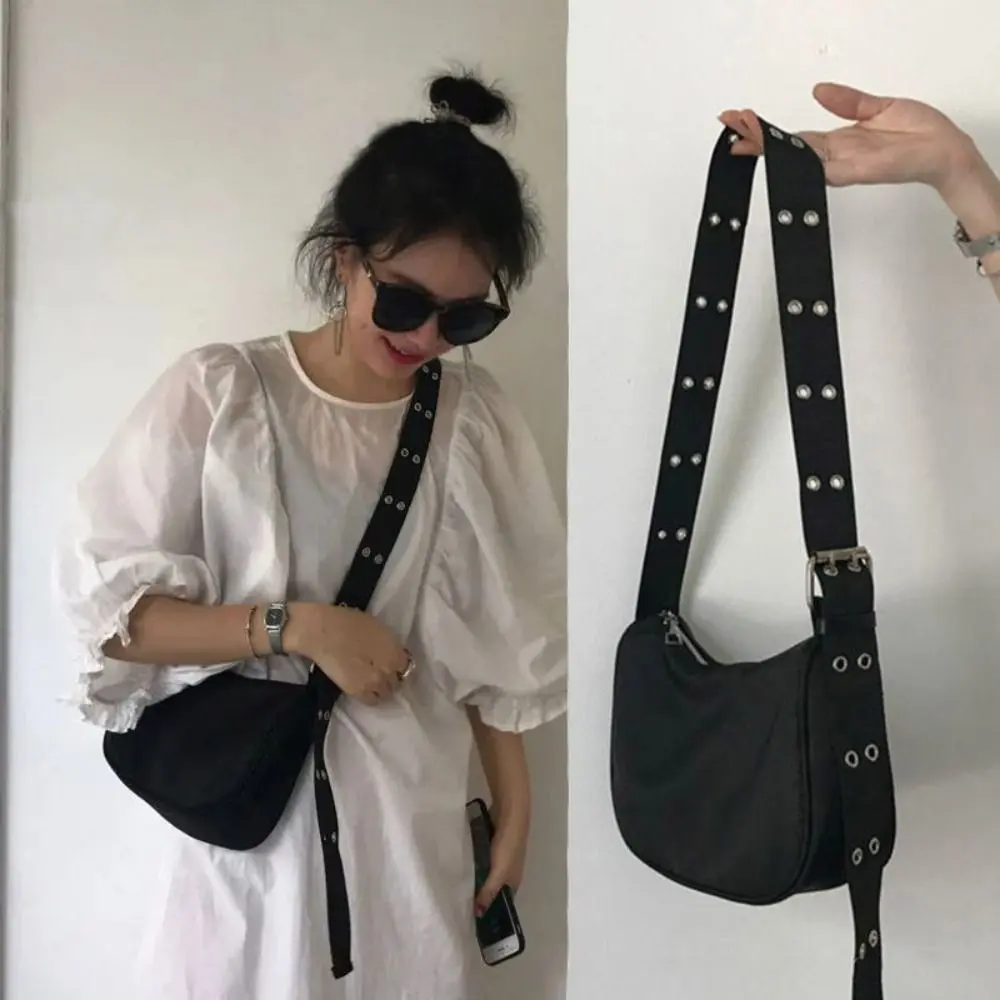 Solid Color Handbag Street Crossbody Bag Nylon Bag Women Vintage Black Shoulder Bag Casual Girls Armpit Bag