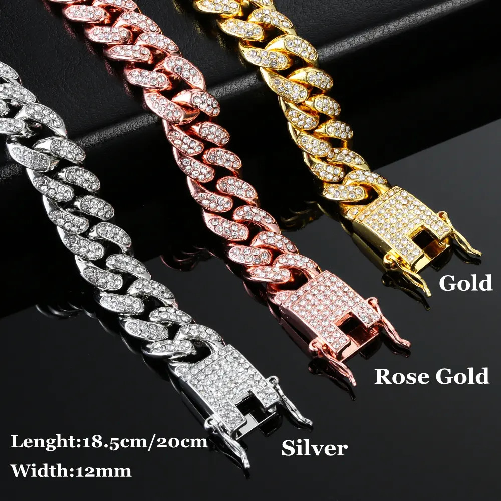 Fashion Jewelry Rhinestone Bracelet Hiphop Luxury Bracelets For Men 12mm Link Gold Silver Color Bracelet