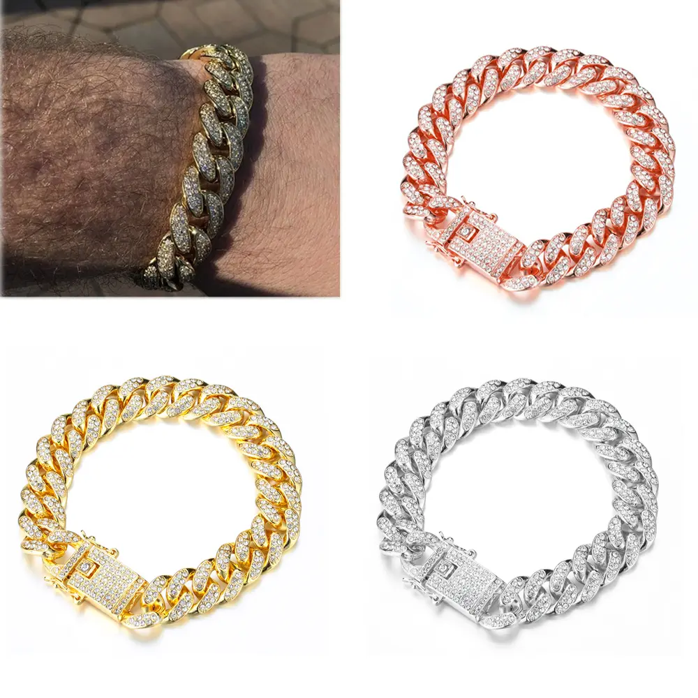 Fashion Jewelry Rhinestone Bracelet Hiphop Luxury Bracelets For Men 12mm Link Gold Silver Color Bracelet