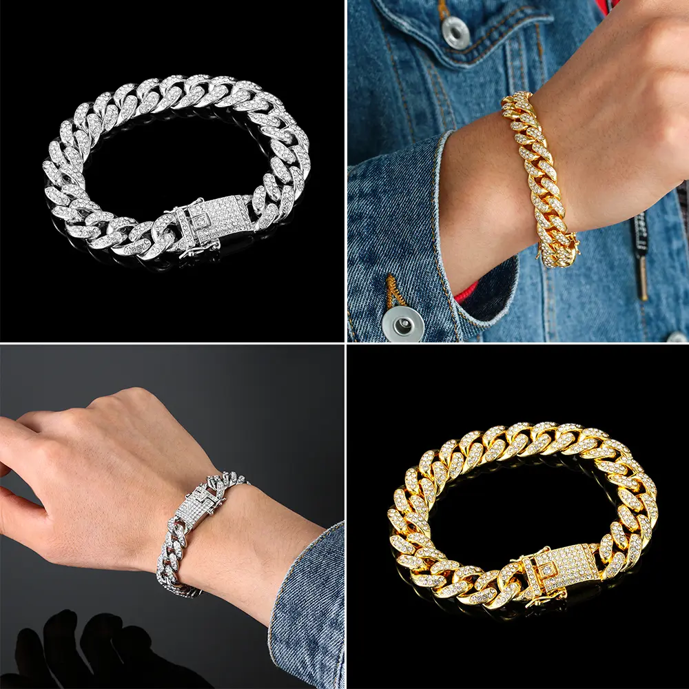 Fashion Jewelry Rhinestone Bracelet Hiphop Luxury Bracelets For Men 12mm Link Gold Silver Color Bracelet