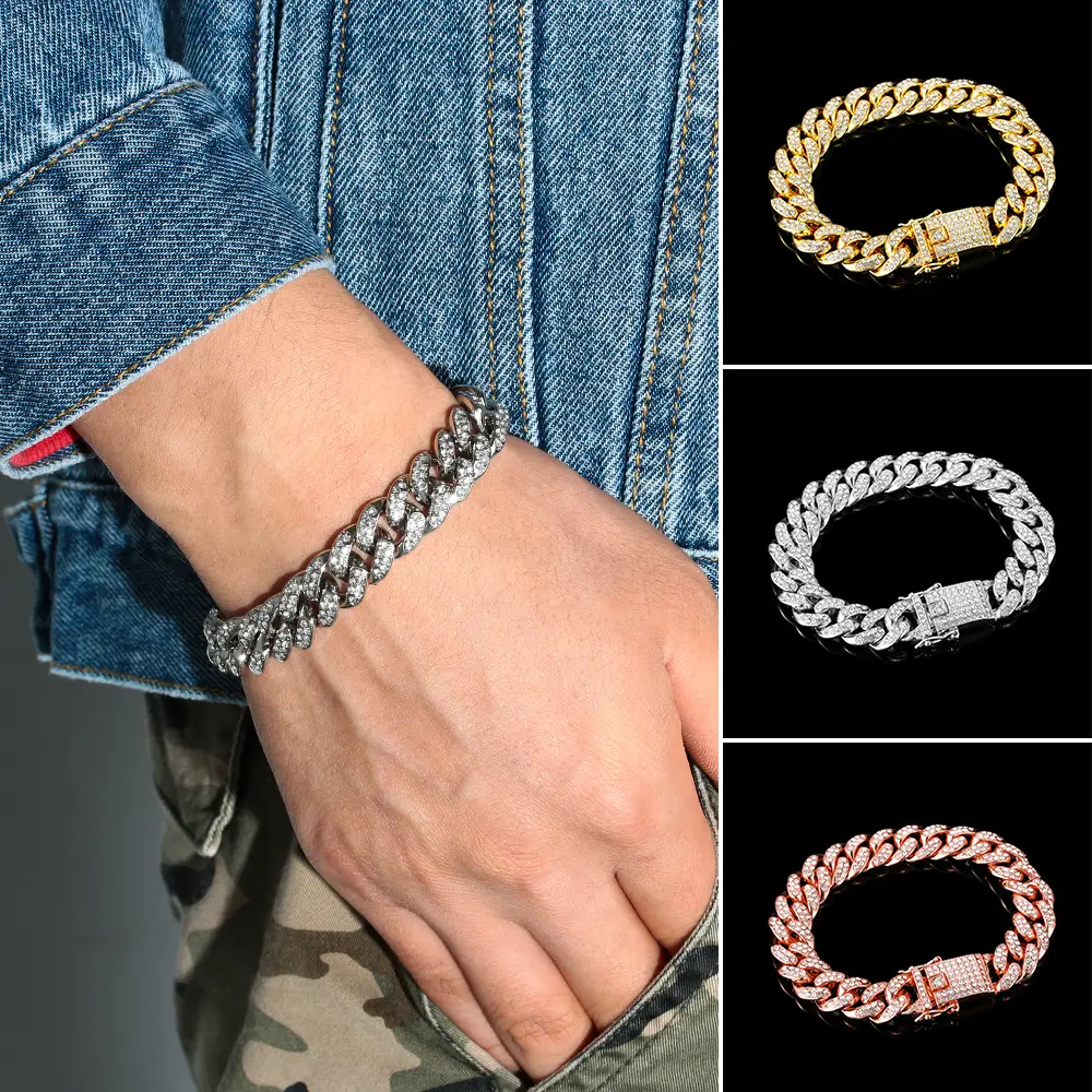 Fashion Jewelry Rhinestone Bracelet Hiphop Luxury Bracelets For Men 12mm Link Gold Silver Color Bracelet