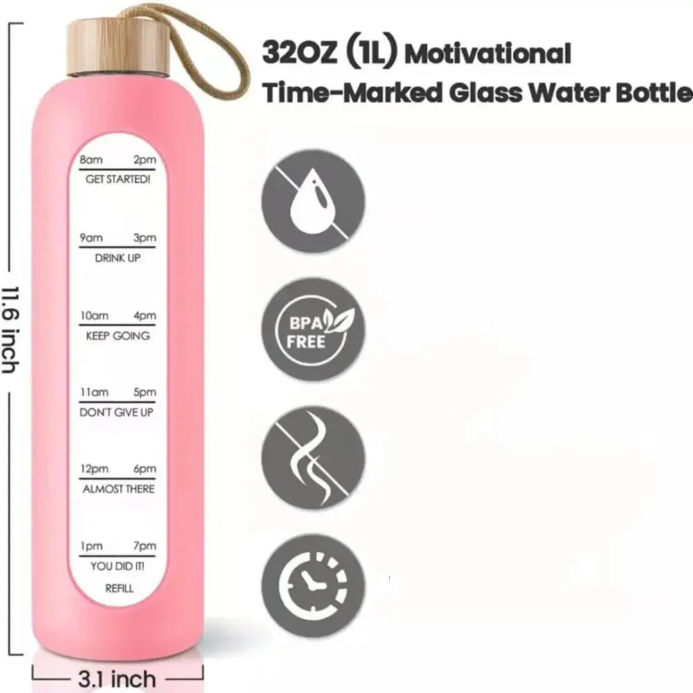 32oz 1L Time-marked Glass Water Bottles Portable Drink Bottle Bamboo Lid Free of Lead Motivational Sport Silicone Sleeve Bottle
