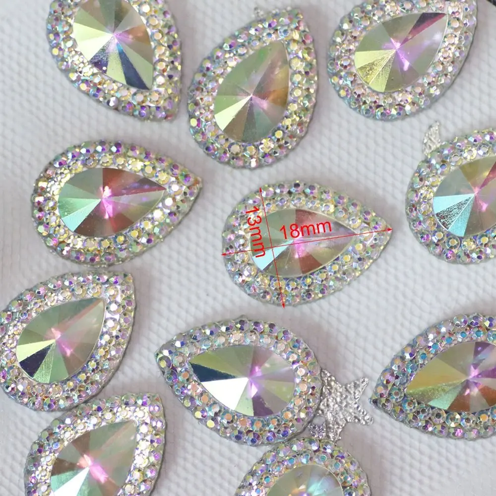50pcs AB Colorful Resin Water-drop Peacock eye Flatback Rhinestone Ornament Applique Wedding DIY Scrapbook Accessories 13*18mm