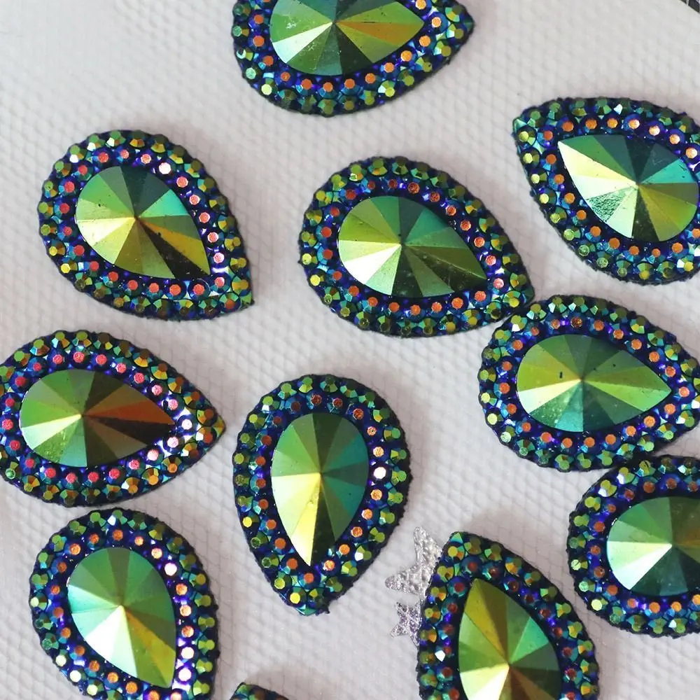 50pcs AB Colorful Resin Water-drop Peacock eye Flatback Rhinestone Ornament Applique Wedding DIY Scrapbook Accessories 13*18mm
