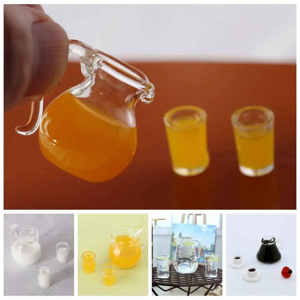 1 Set 1/12 Scale Coffee Milk Lemon Water Orange Juice Drinking Model Simulation juice Jug Cup Doll Accessories