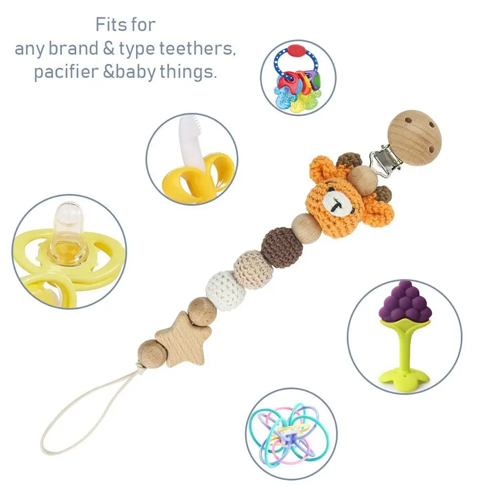 Infants Anti-drop Pacifier Holder Soother Chains Animal Baby Pacifier Clips With Storage Bag Beech Wood Dummy Holder