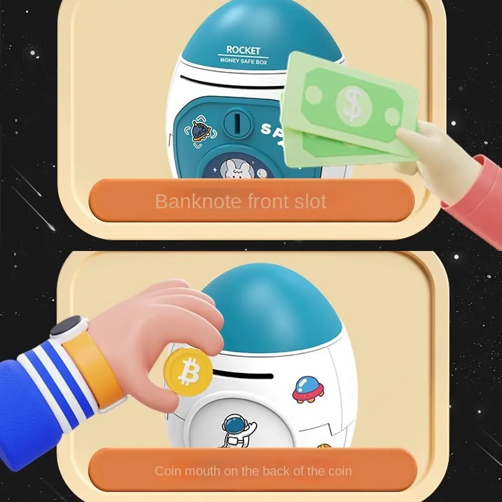 Plastic Money Box Children Piggy Bank with Cartoon Sticker Multi-purpose Space Rocket Shape Cash Box Kids Gift Toy