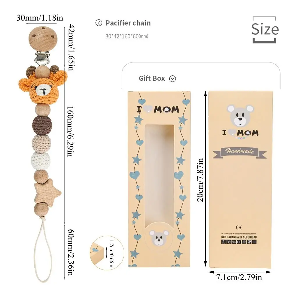 Infants Anti-drop Pacifier Holder Soother Chains Animal Baby Pacifier Clips With Storage Bag Beech Wood Dummy Holder