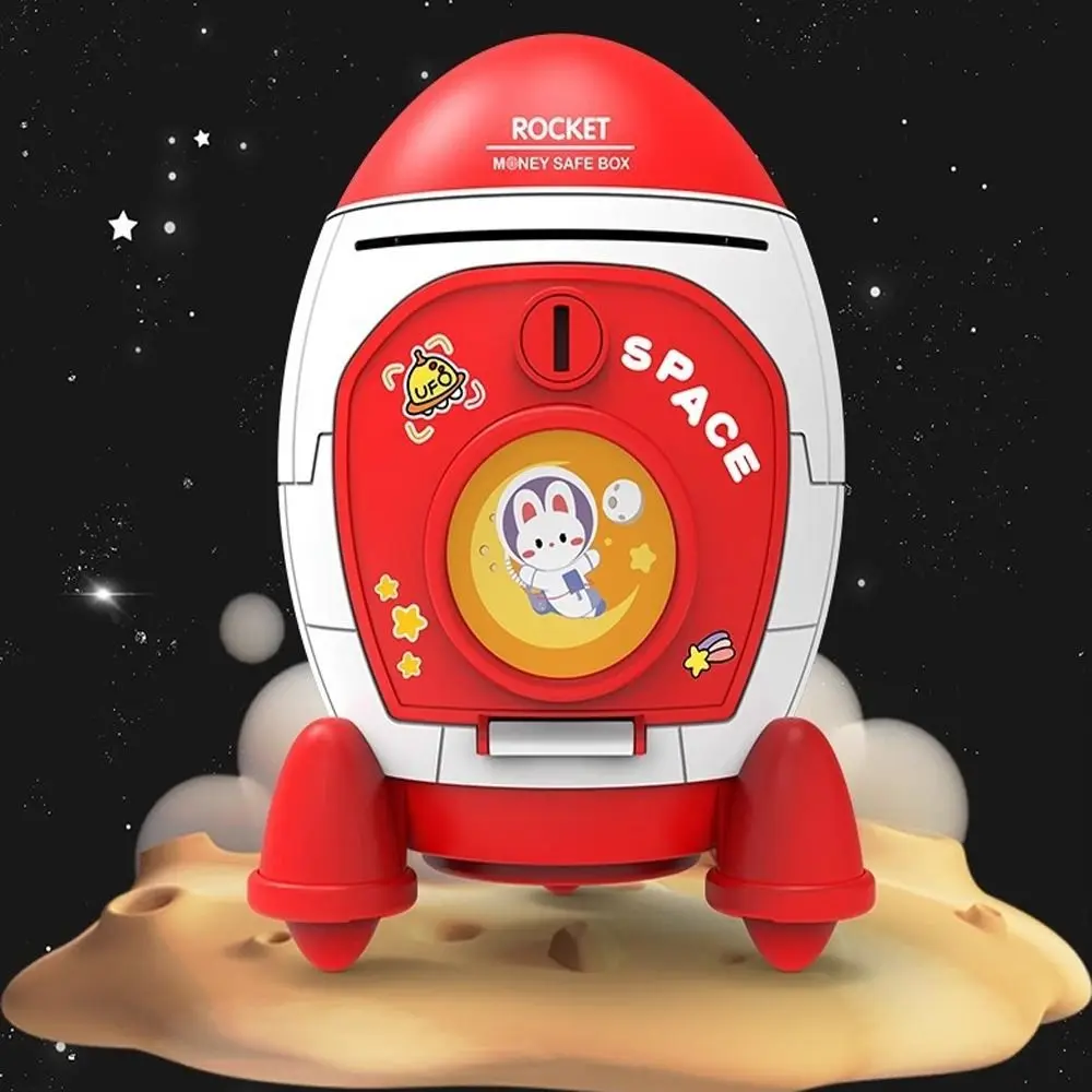 Plastic Money Box Children Piggy Bank with Cartoon Sticker Multi-purpose Space Rocket Shape Cash Box Kids Gift Toy