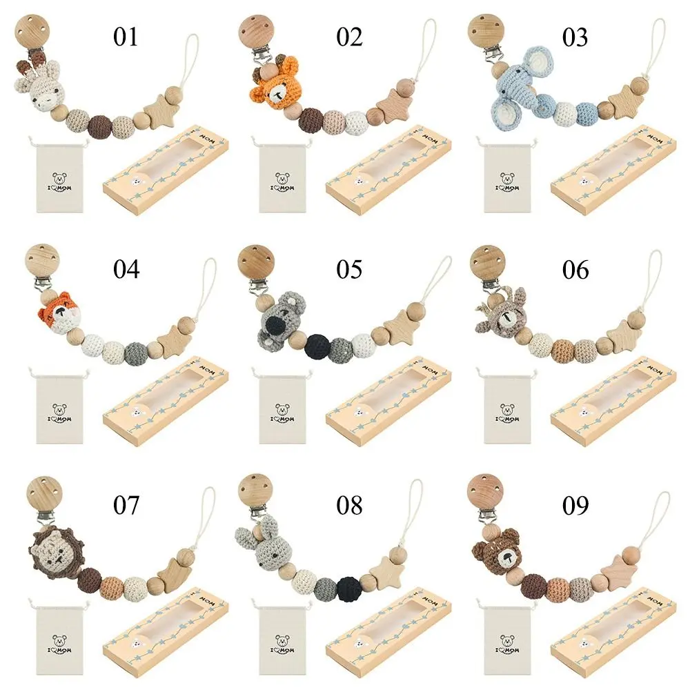 Infants Anti-drop Pacifier Holder Soother Chains Animal Baby Pacifier Clips With Storage Bag Beech Wood Dummy Holder