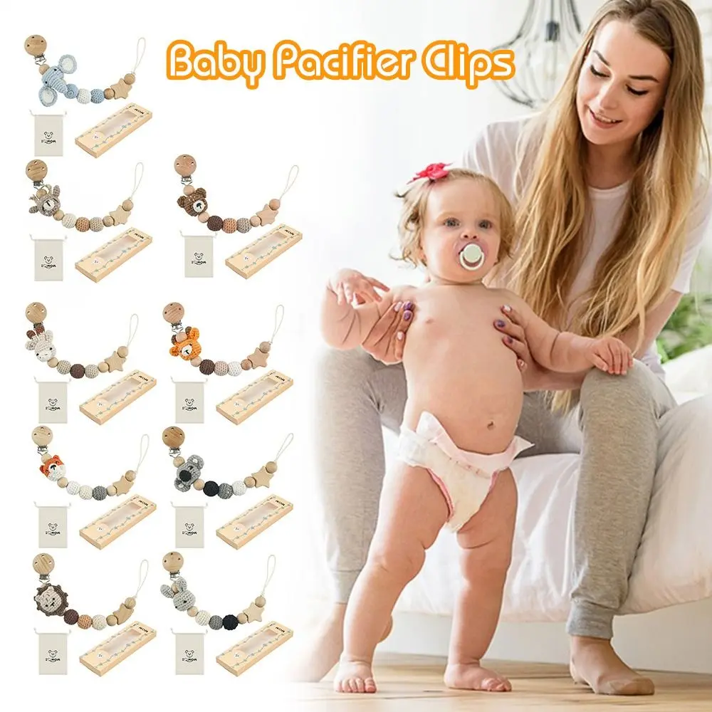 Infants Anti-drop Pacifier Holder Soother Chains Animal Baby Pacifier Clips With Storage Bag Beech Wood Dummy Holder
