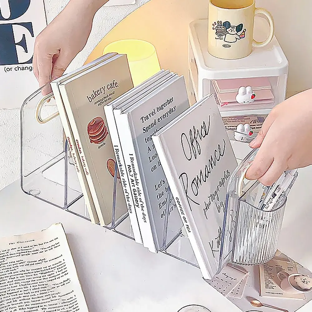 Plastic Desktop Book Holder Bookends Convenient Desk Organizer with Handle Desktop Sorting Rack Divided Book Stand