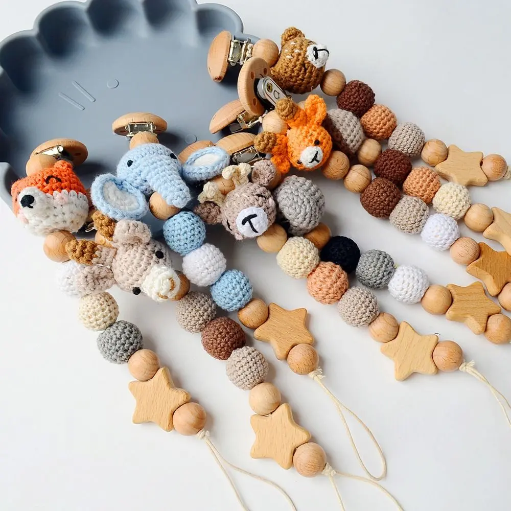 Infants Anti-drop Pacifier Holder Soother Chains Animal Baby Pacifier Clips With Storage Bag Beech Wood Dummy Holder