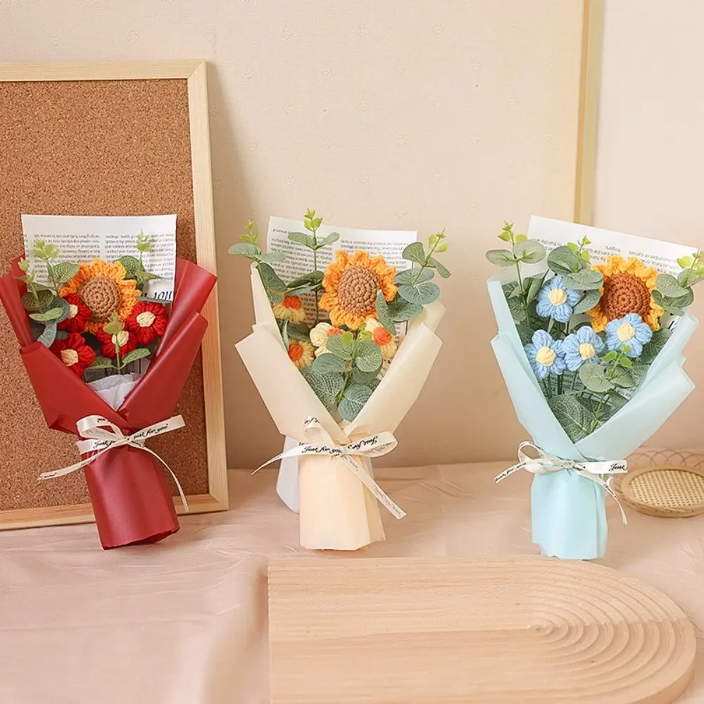 Handmade Eternal Flower Sunflower Daisy Bouquet Artificial Flower Crochet Bouquet Anniversary Mothers Day Valentine's Day Gift