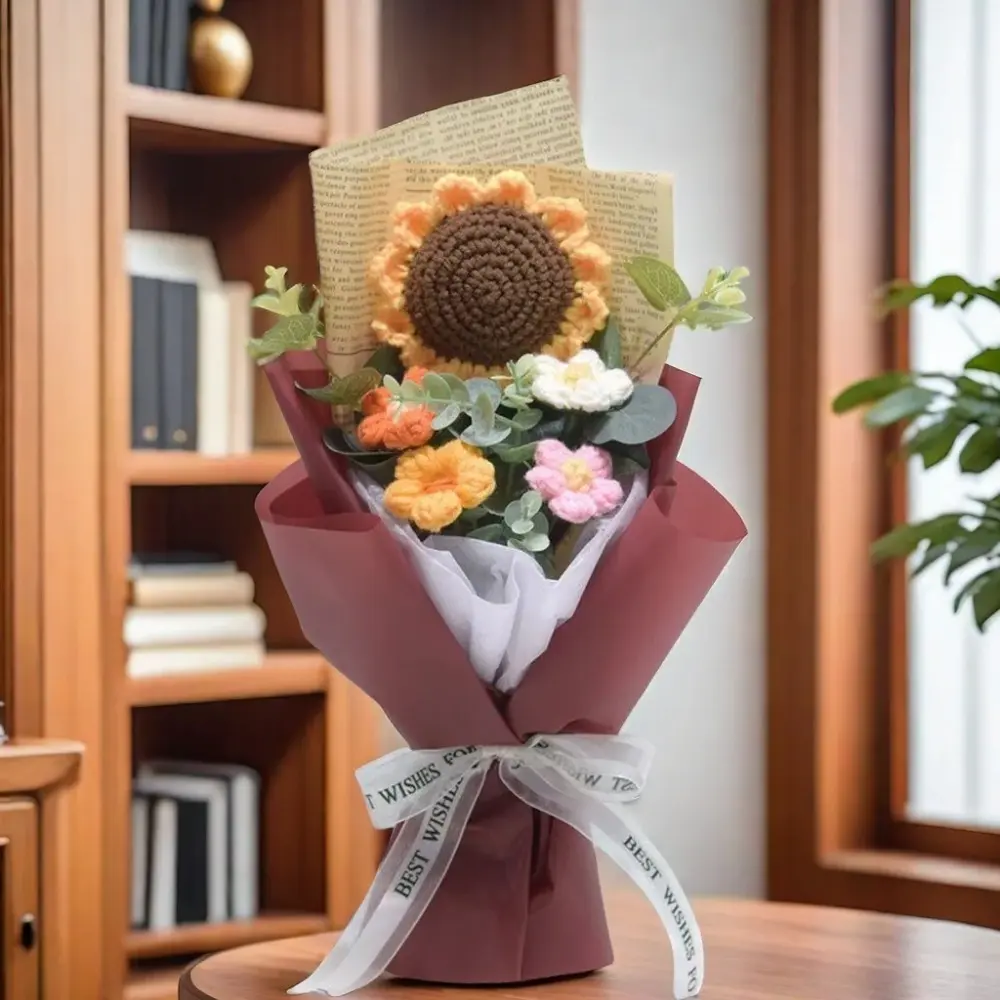 Handmade Eternal Flower Sunflower Daisy Bouquet Artificial Flower Crochet Bouquet Anniversary Mothers Day Valentine's Day Gift