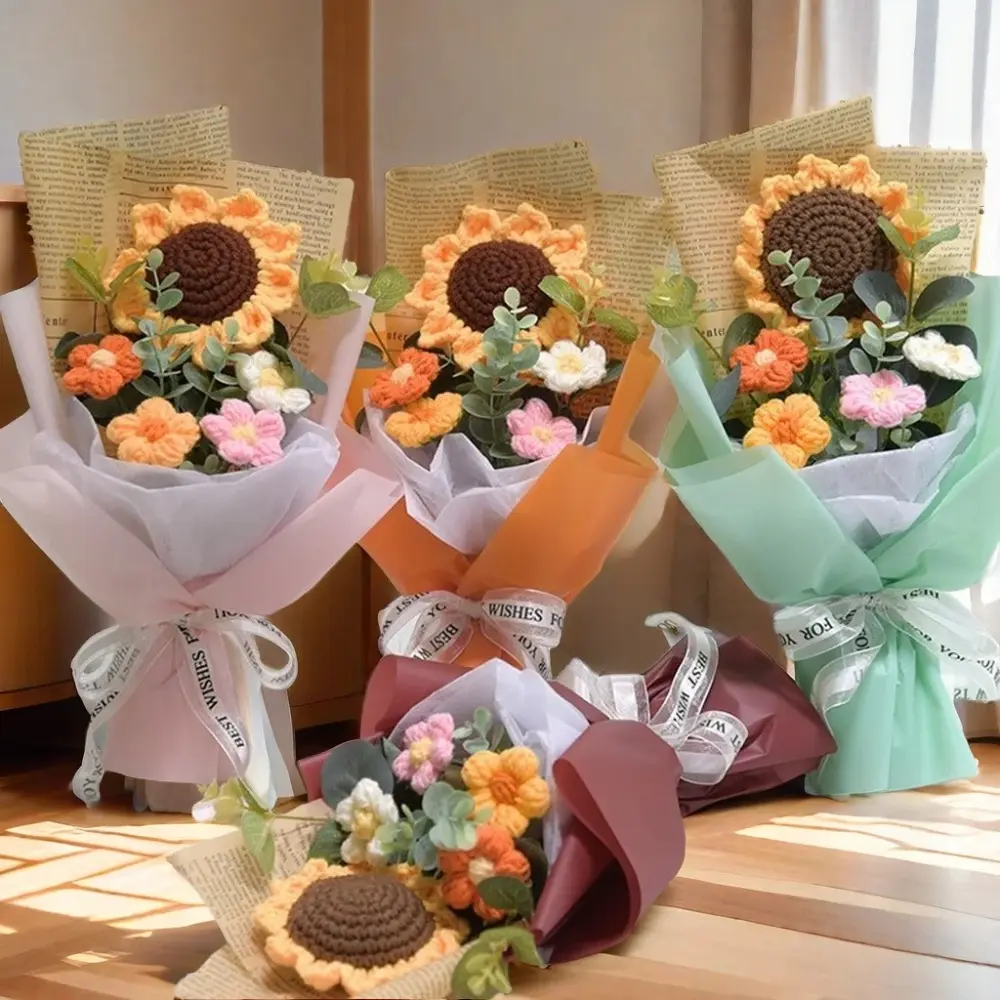 Handmade Eternal Flower Sunflower Daisy Bouquet Artificial Flower Crochet Bouquet Anniversary Mothers Day Valentine's Day Gift