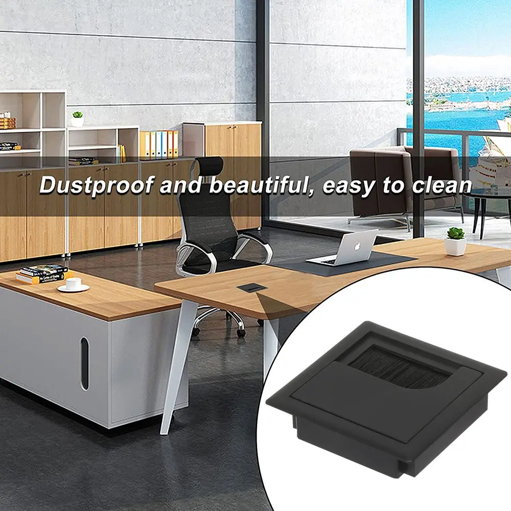 Plastic Grommet Hole Cover Outlet Port with Black Rectangle Wire Cable Holder Brush Computer desktop decoration box
