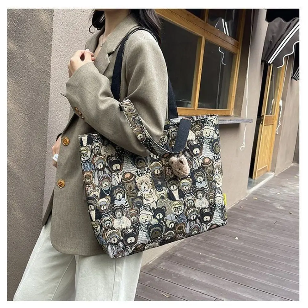 Fashion Portable Handbag Casual Large Capacity Tote Bag Cartoon Bear Pattern Shoulder Bag
