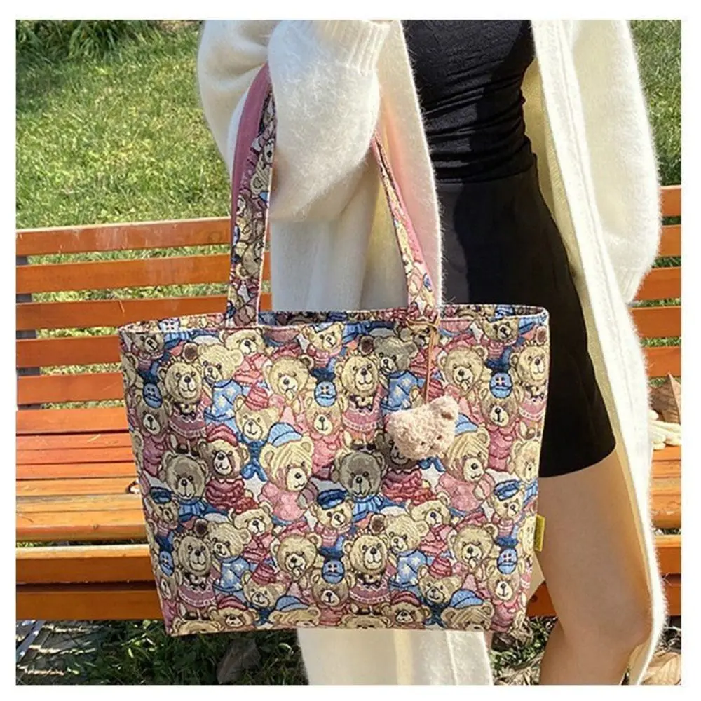 Fashion Portable Handbag Casual Large Capacity Tote Bag Cartoon Bear Pattern Shoulder Bag
