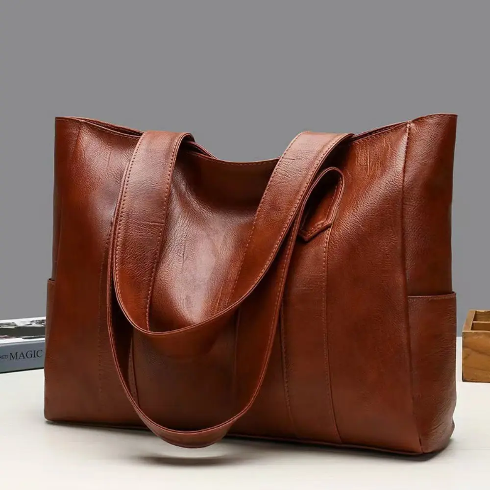 PU Versatile PU Leather Bag Large Capacity Vintage Handbag Square Shape Solid Color Shopping Bag