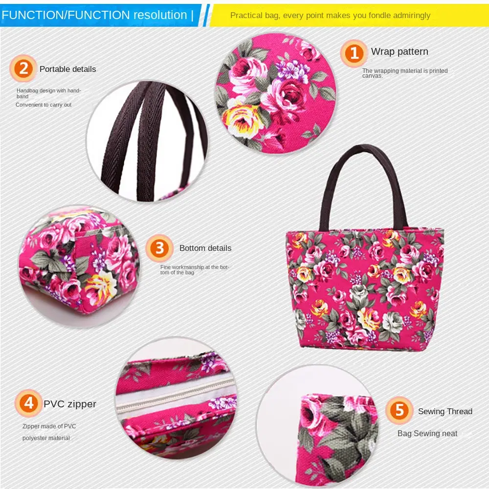 Cute Floral Print Shoulder Bag Shopping Bag Canvas Ladies Handbag Women Bucket Bag