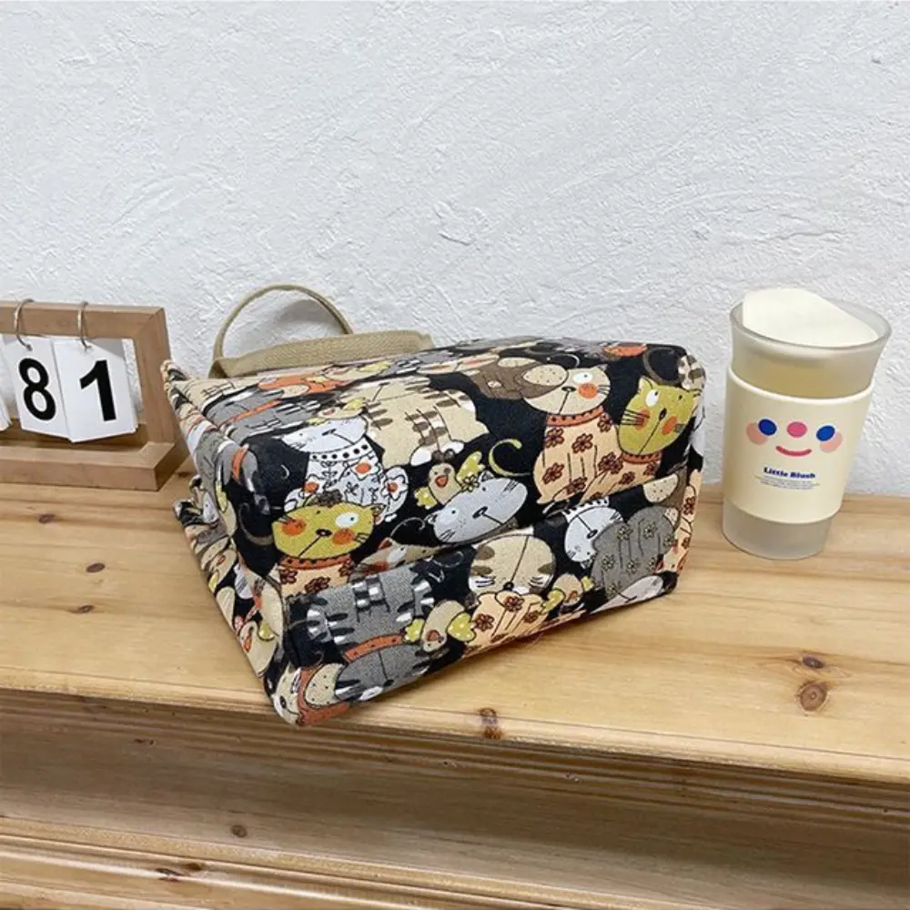 Cute Cartoon Print Lunch Bag Office Picnic Bag Portable Canvas Bag Women's Casual Handbag & Tote Purse For School
