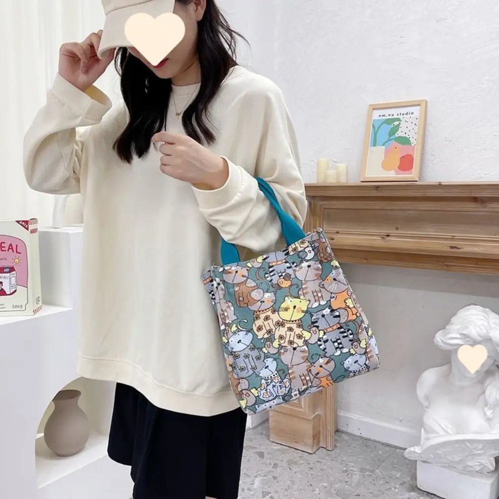 Cute Cartoon Print Lunch Bag Office Picnic Bag Portable Canvas Bag Women's Casual Handbag & Tote Purse For School