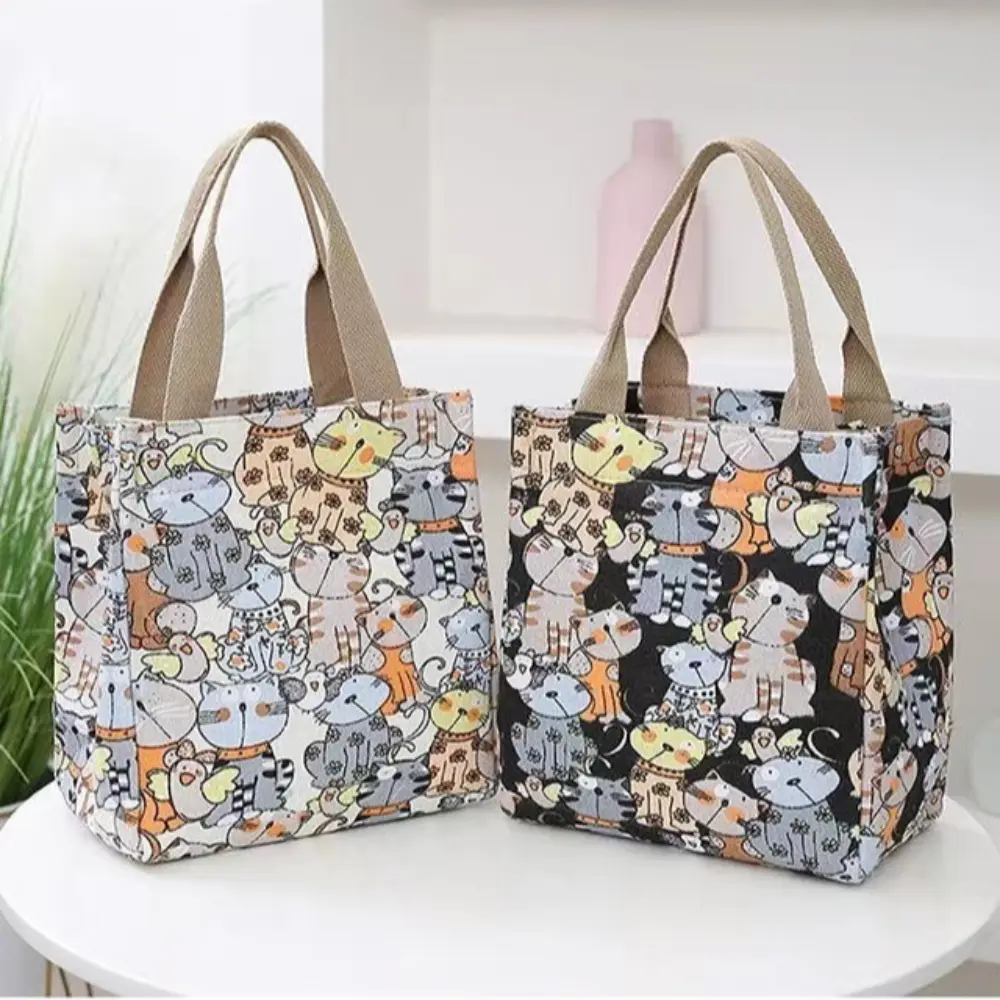 Cute Cartoon Print Lunch Bag Office Picnic Bag Portable Canvas Bag Women's Casual Handbag & Tote Purse For School