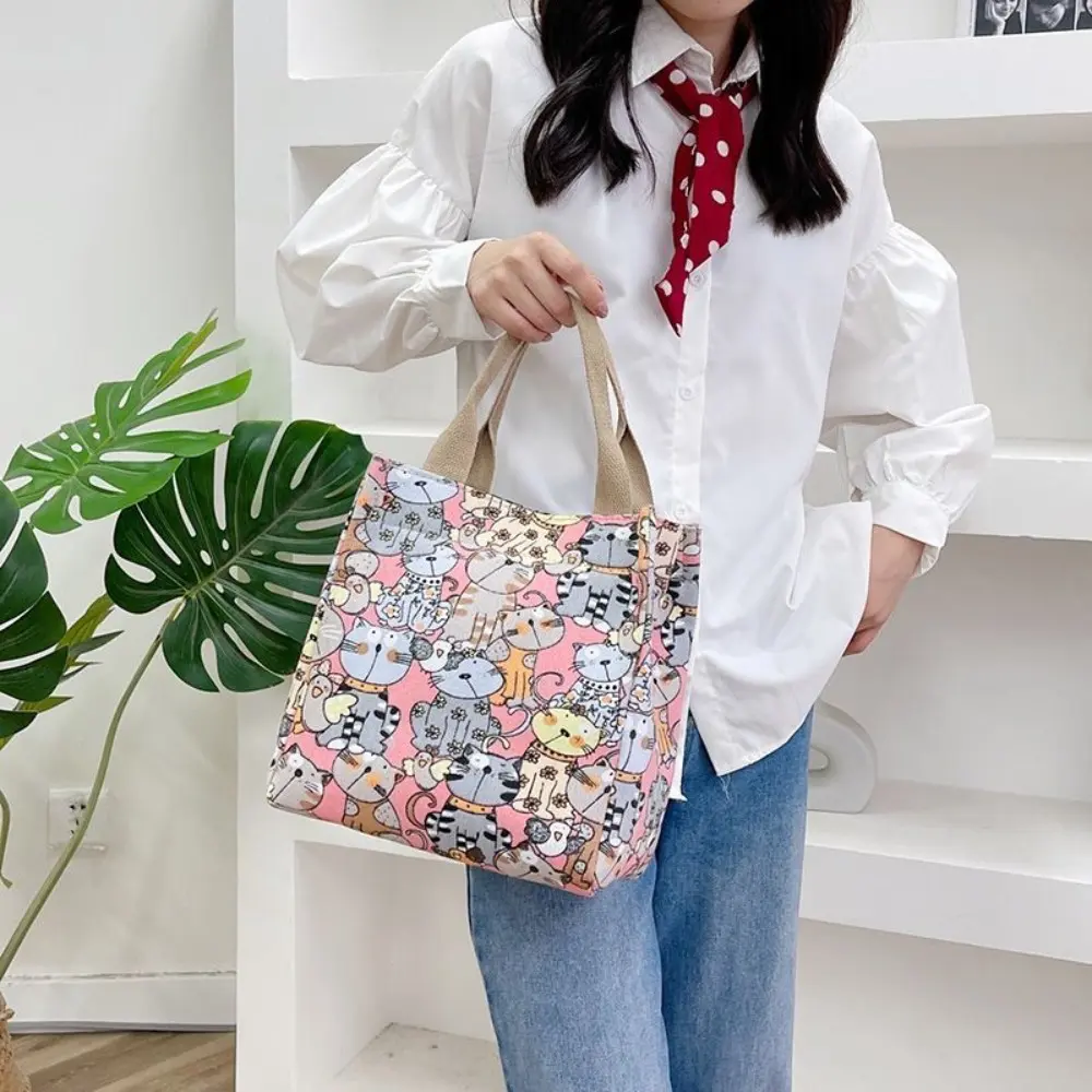 Cute Cartoon Print Lunch Bag Office Picnic Bag Portable Canvas Bag Women's Casual Handbag & Tote Purse For School