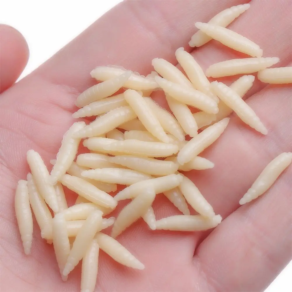 50Pcs 1.6cm Maggot Grub Soft Baits Worms Ivory Fishing Lure Bionics Soft Lures