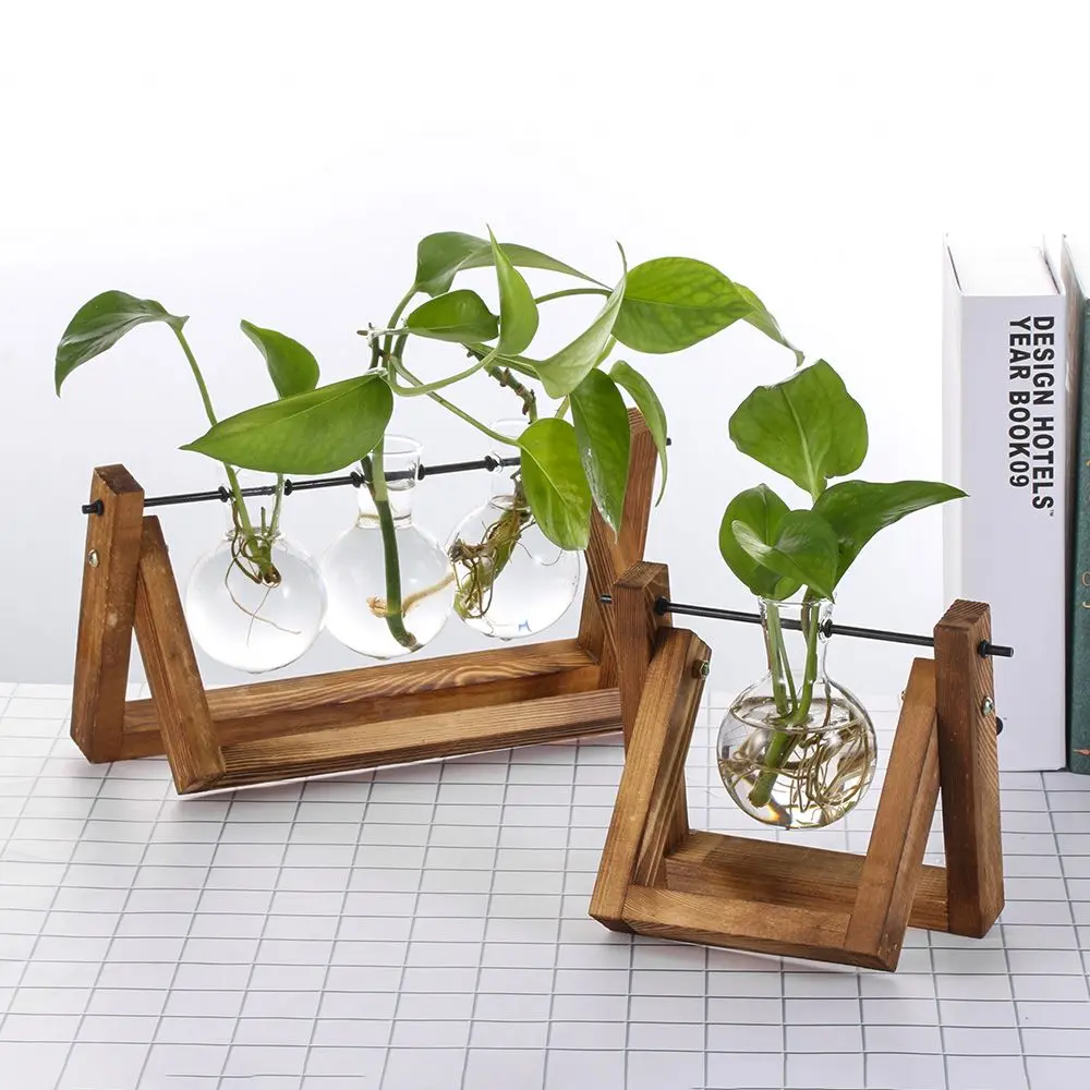 Terrarium Tabletop Tray Bonsai Flower Pot Hydroponic Plant Vases Glass Vase Wooden Frame Home Decor
