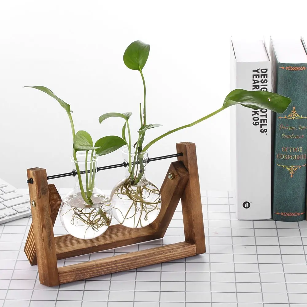 Terrarium Tabletop Tray Bonsai Flower Pot Hydroponic Plant Vases Glass Vase Wooden Frame Home Decor