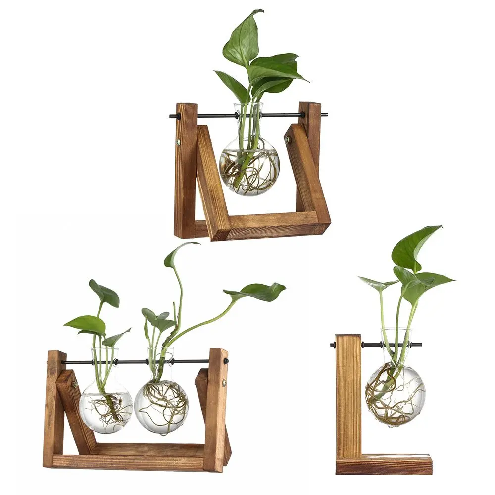 Terrarium Tabletop Tray Bonsai Flower Pot Hydroponic Plant Vases Glass Vase Wooden Frame Home Decor