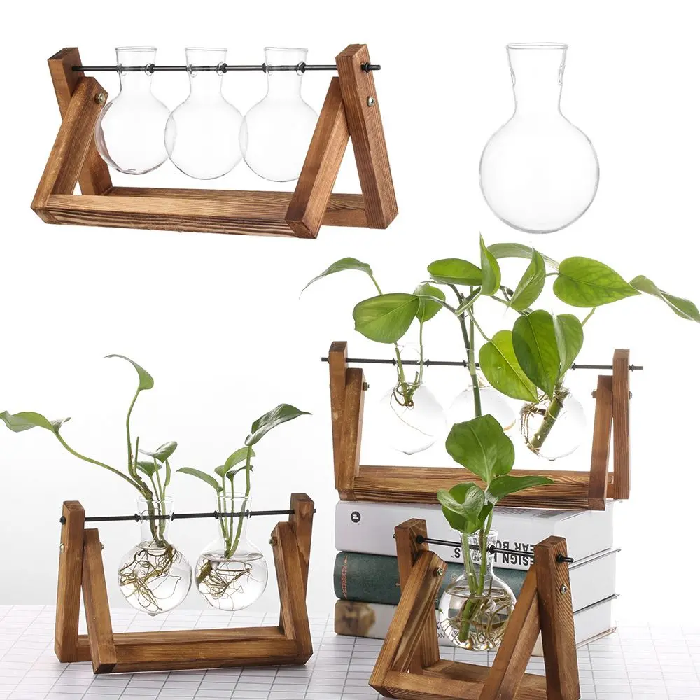 Terrarium Tabletop Tray Bonsai Flower Pot Hydroponic Plant Vases Glass Vase Wooden Frame Home Decor