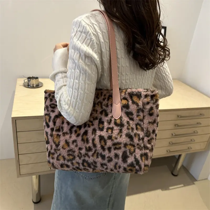Plush Leopard Print Women's Shoulder Bag Winter Ladies Faux Fur Shopping Bags Soft Furry Female Large Capacity Tote Handbags