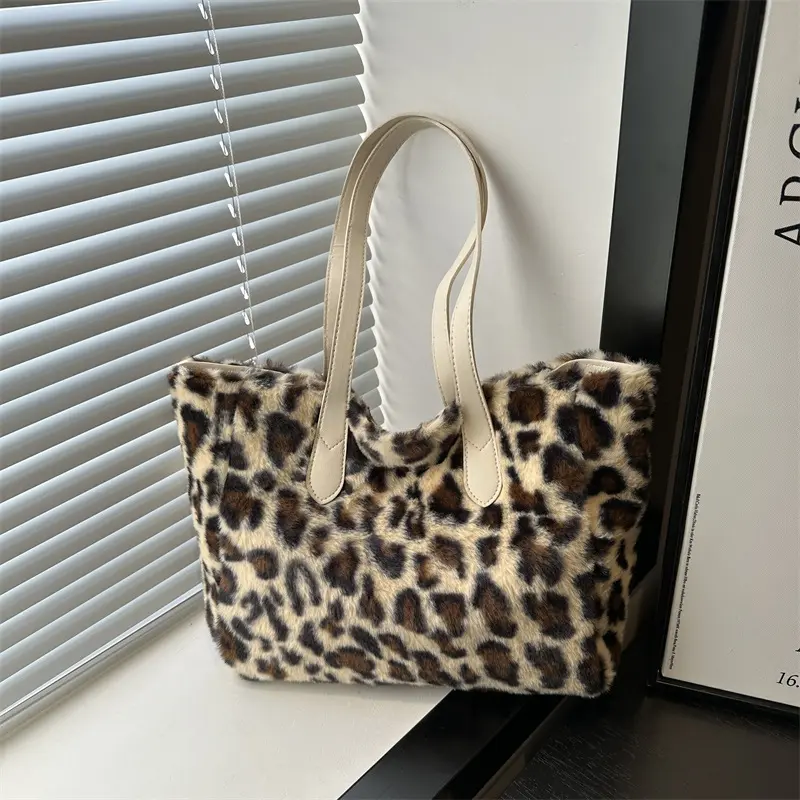 Plush Leopard Print Women's Shoulder Bag Winter Ladies Faux Fur Shopping Bags Soft Furry Female Large Capacity Tote Handbags