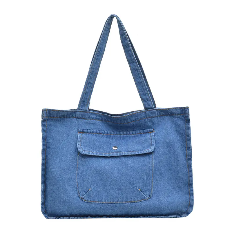 Casual Portable Women Denim Shoulder Bags Simple Large Capacity Ladies Handbags Solid Color College Style Female Tote Bag
