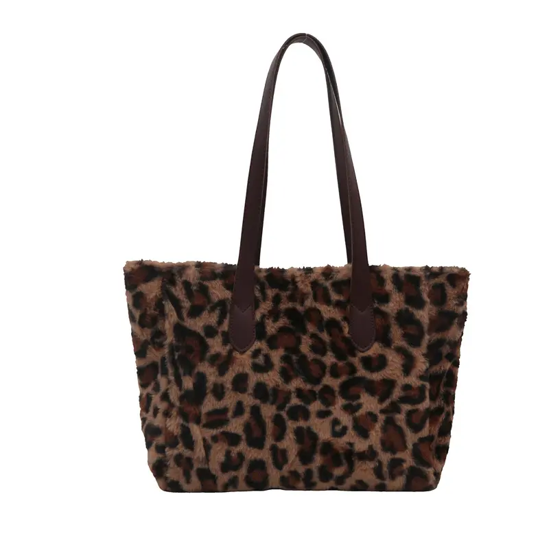 Plush Leopard Print Women's Shoulder Bag Winter Ladies Faux Fur Shopping Bags Soft Furry Female Large Capacity Tote Handbags