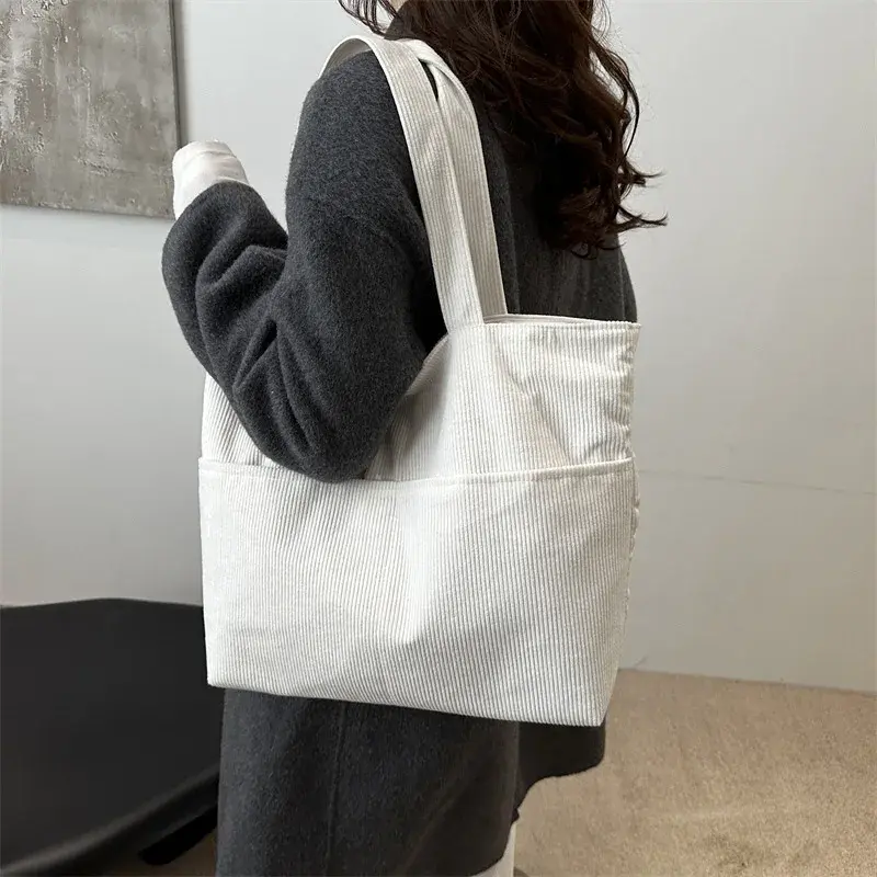 Simple Large Capacity Tote Women Shoulder Bag Retro Corduroy Ladies Shopping Commuter Underarm Bags Female Multi-pocket Handbags