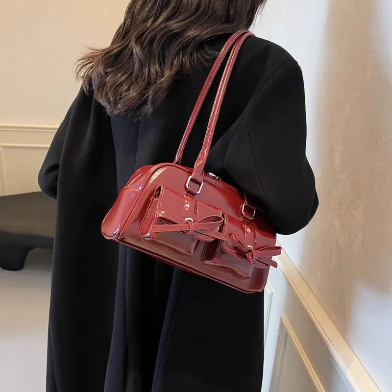 Bow Pocket Design Women's Shoulder Bag Vintage Pu Leather Ladies Small Underarm Bags Fashion Female Luxury Handbags Tote Purse