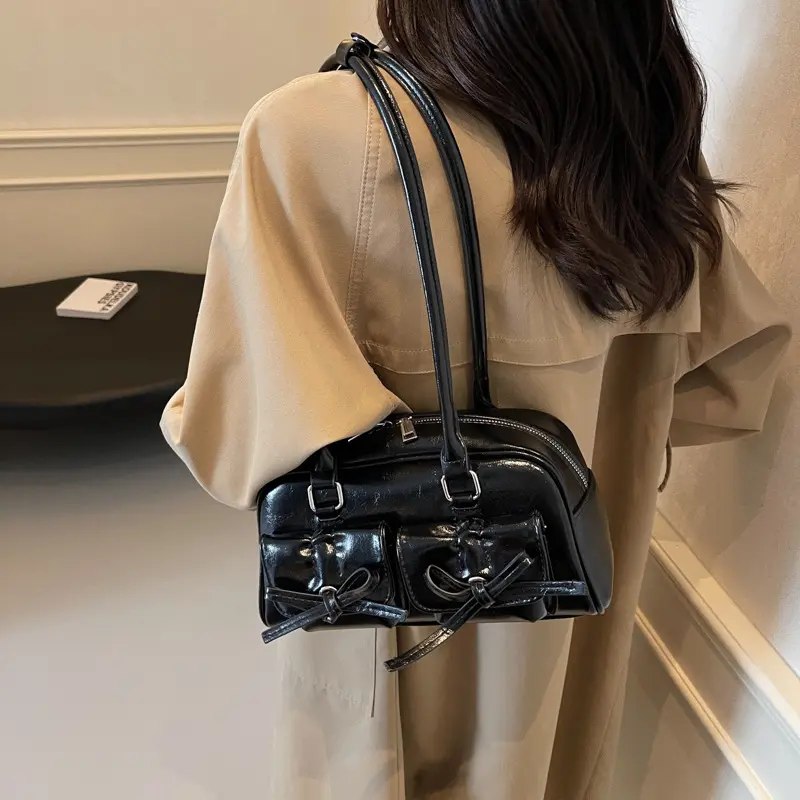 Bow Pocket Design Women's Shoulder Bag Vintage Pu Leather Ladies Small Underarm Bags Fashion Female Luxury Handbags Tote Purse