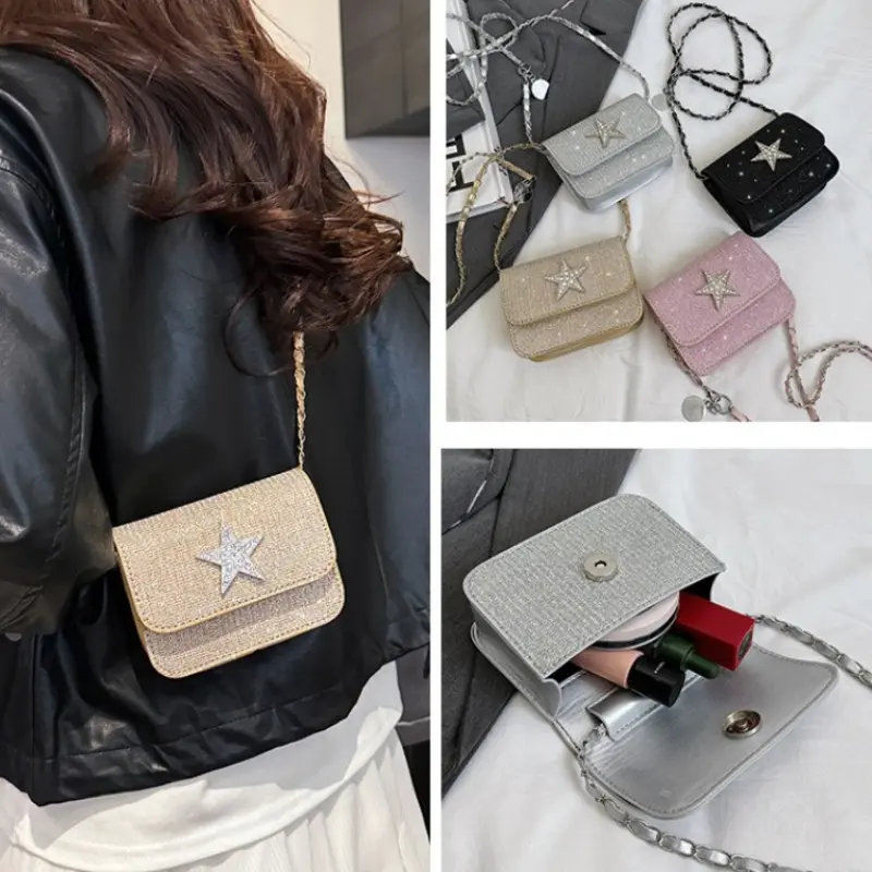 Star Design Women's Small Square Shoulder Bag Y2k Portable Ladies Chain Crossbody Bags Simple Female Handbags Clutch Purse