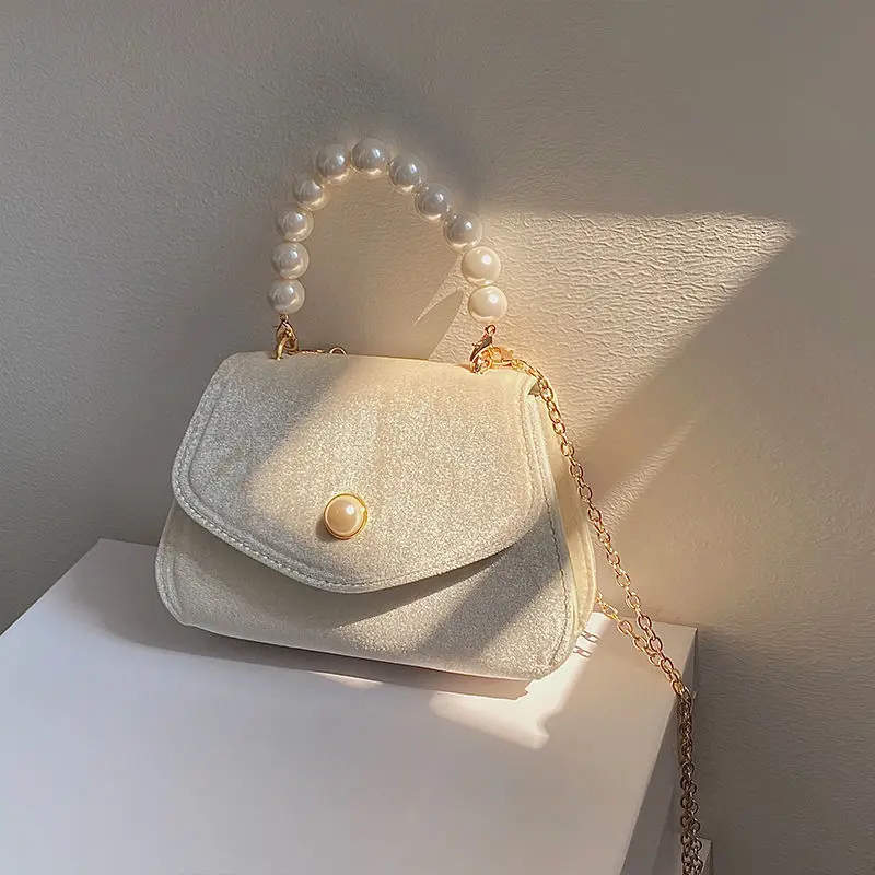 Retro Pearl Chain Ladies Small Handbags Vintage Square Shoulder Bag for Women Evening Clutch Purse Fashion Female Crossbody Bags