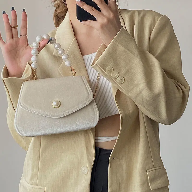 Retro Pearl Chain Ladies Small Handbags Vintage Square Shoulder Bag for Women Evening Clutch Purse Fashion Female Crossbody Bags