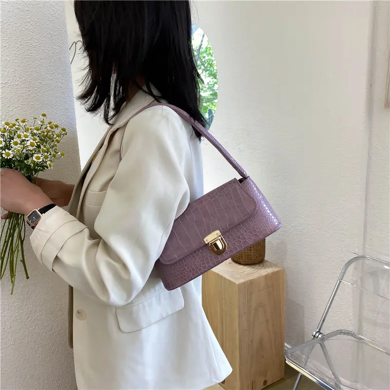 Crocodile Pattern Fashion Women Shoulder Bag Simple Solid Color Underarm Bag Casual Pu Leather Female Small Square Handbags