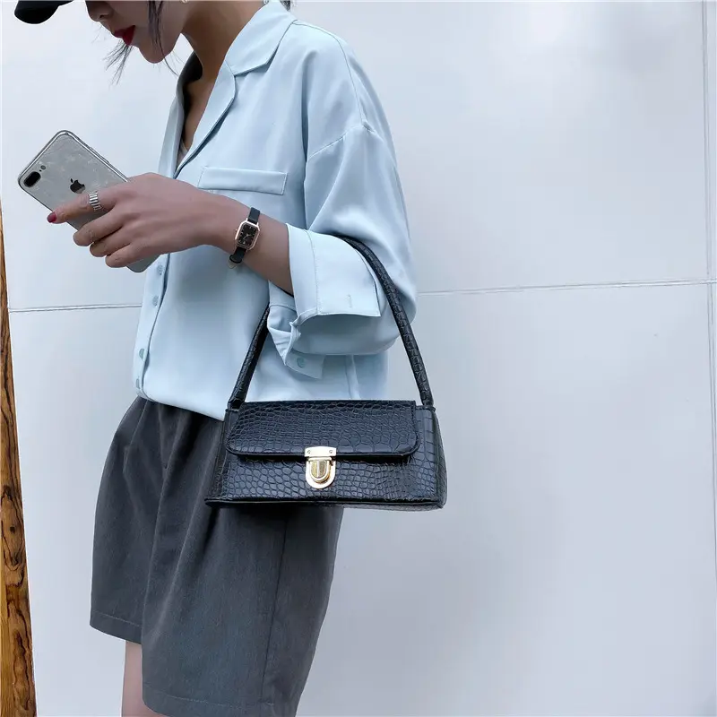 Crocodile Pattern Fashion Women Shoulder Bag Simple Solid Color Underarm Bag Casual Pu Leather Female Small Square Handbags