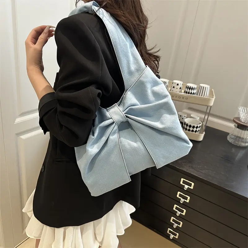 Sweet Bowknot Design Women's Denim Shoulder Bags Commuter Thread Ladies Handbags Casual Lightweight Female Underarm Tote Bag